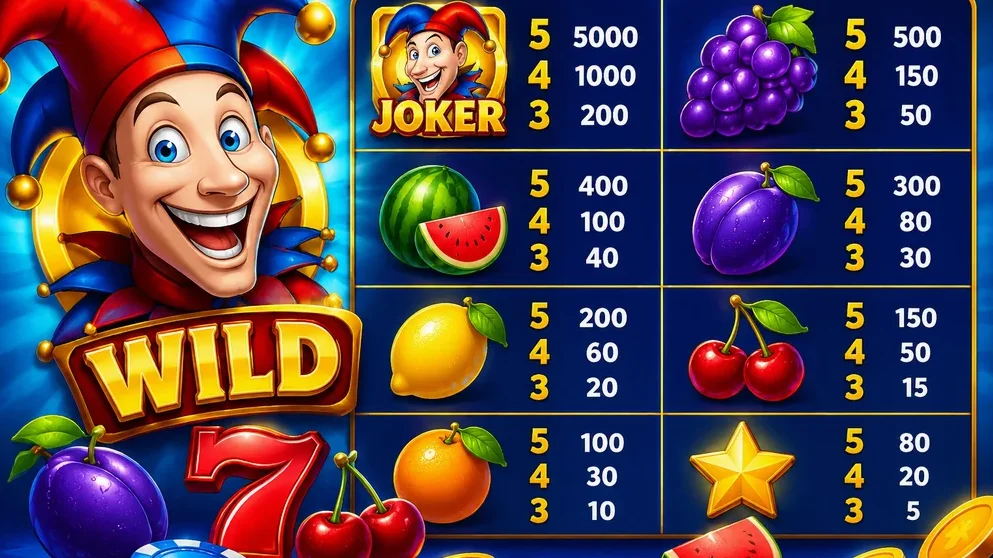 fruit symbols and joker paytable grid layout